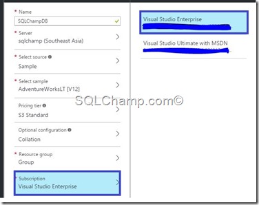 SQLAzure DB creation Subscription