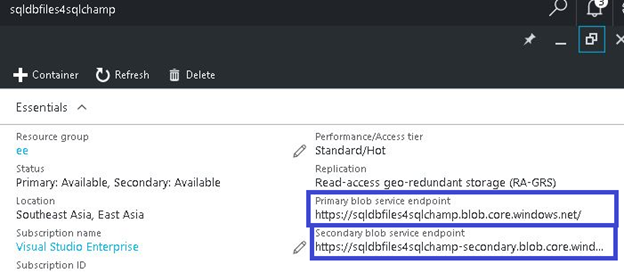 Azure Storage Configured RA-GRS showing primary and Secondary Endpoints for SQLChamp.Com