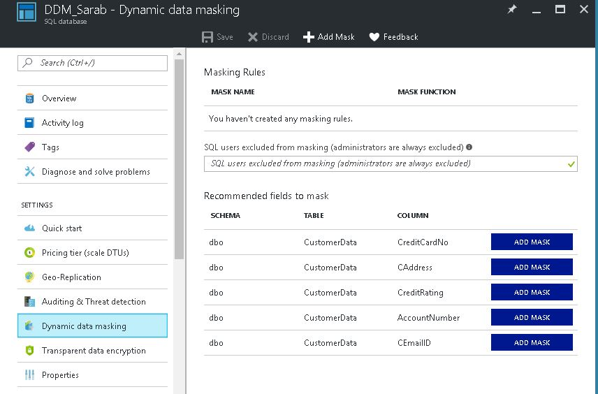 Configure Dynamic Data Masking using Azure SQL Database portal