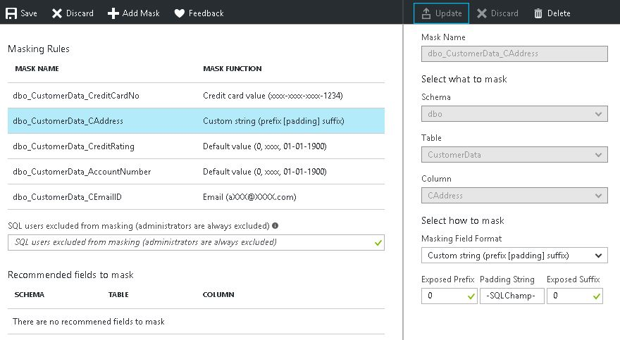 Configure Dynamic Data Masking using Azure SQL Database portal
