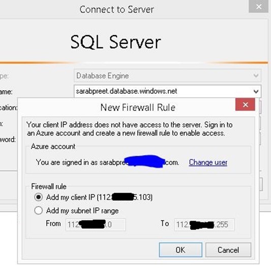 Add Client IP range for Azure SQL Database from SSMS